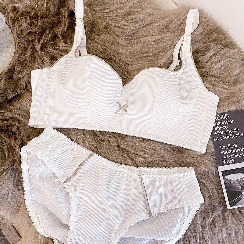 Wriufred One-line neck ribbed thin section bralette underwire push uo crystal cup bra Set