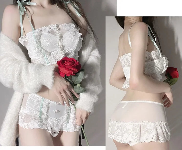 Wriufred Retro lace front buckle flower bra with panty Set