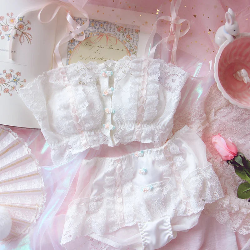 Wriufred Retro lace front buckle flower bra with panty Set