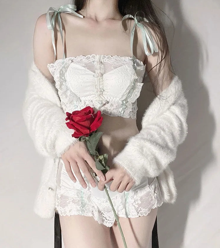 Wriufred Retro lace front buckle flower bra with panty Set