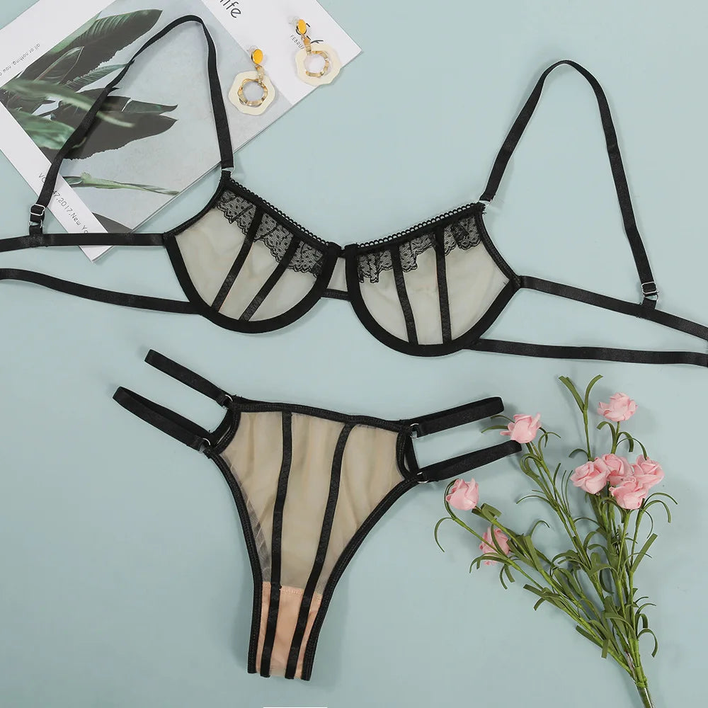 Wriufred Sexy lace ultra-thin perspective temptation bra Set