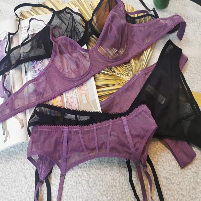 Wriufred Sexy mesh see-through bra briefs Set
