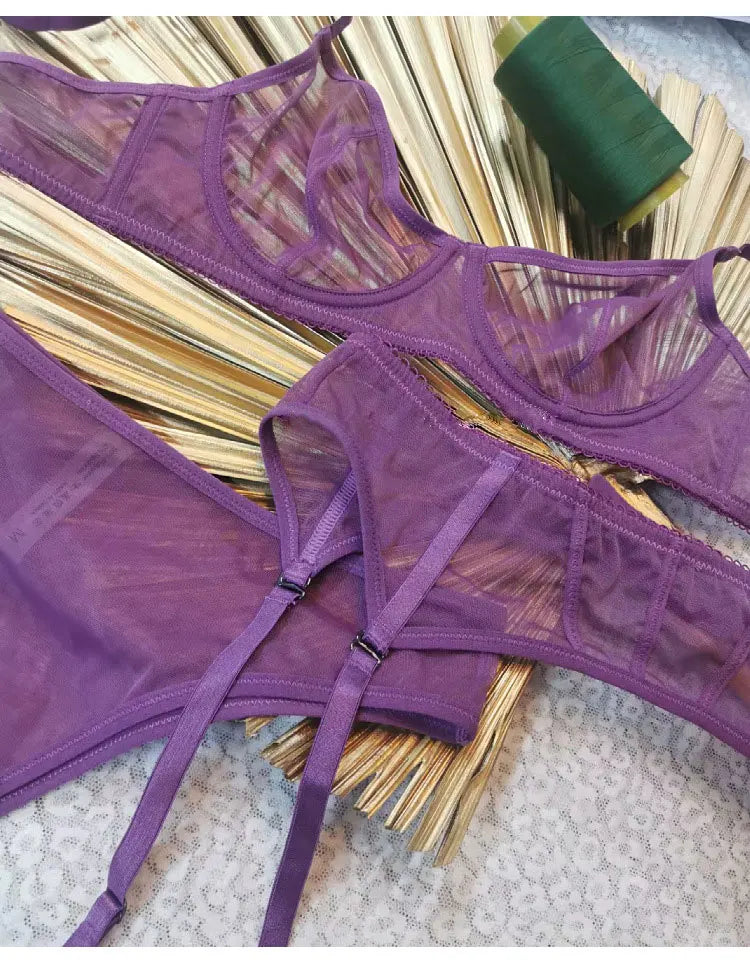 Wriufred Sexy mesh see-through bra briefs Set