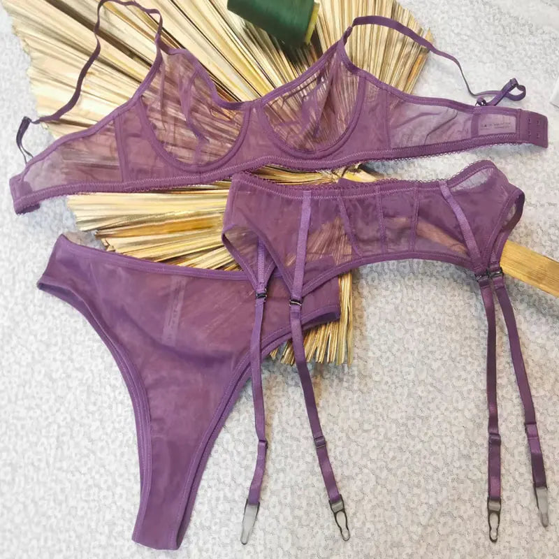 Wriufred Sexy mesh see-through bra briefs Set