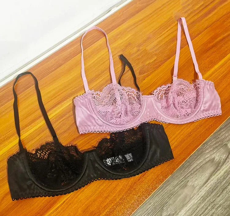 Wriufred Ultra-thin female bra without sponge sexy lace steel ring gathered lingerie Set