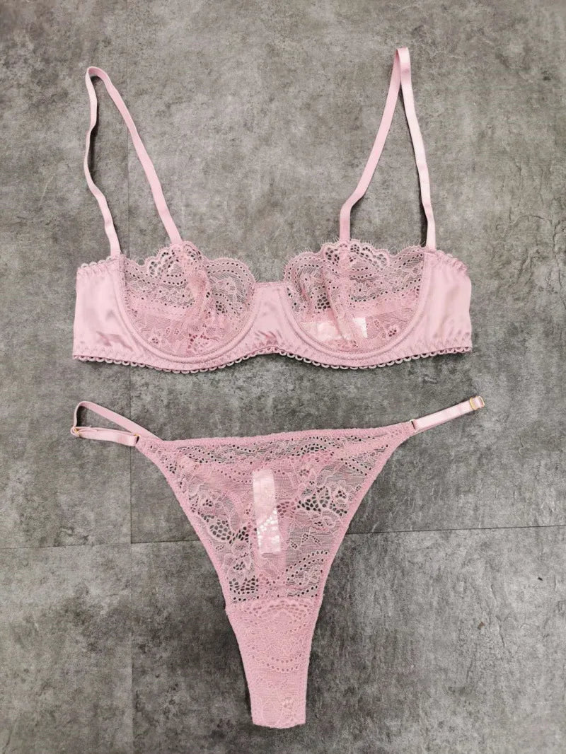 Wriufred Ultra-thin female bra without sponge sexy lace steel ring gathered lingerie Set