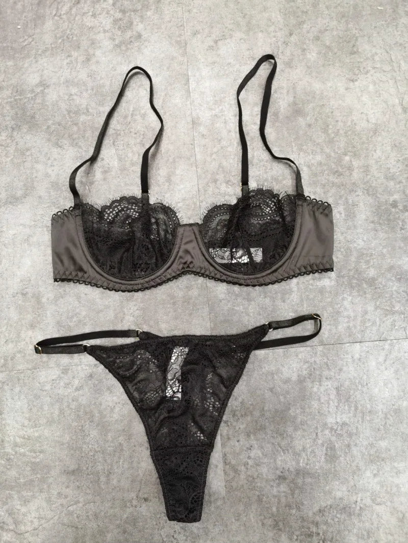 Wriufred Ultra-thin female bra without sponge sexy lace steel ring gathered lingerie Set