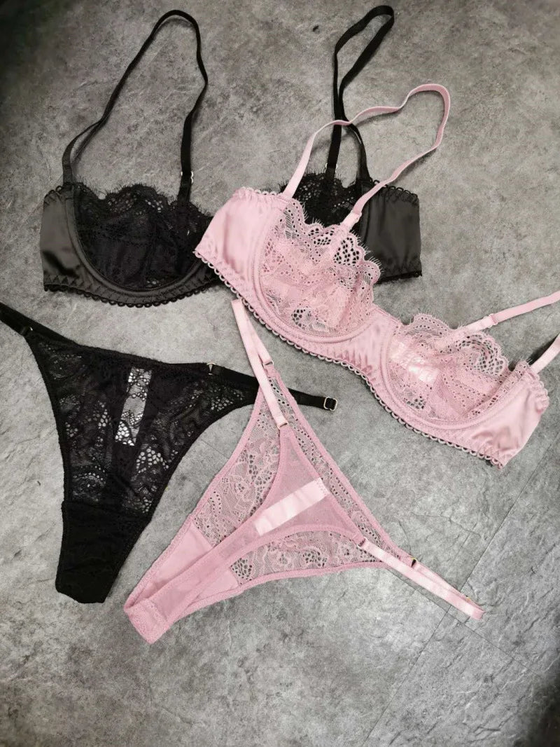 Wriufred Ultra-thin female bra without sponge sexy lace steel ring gathered lingerie Set