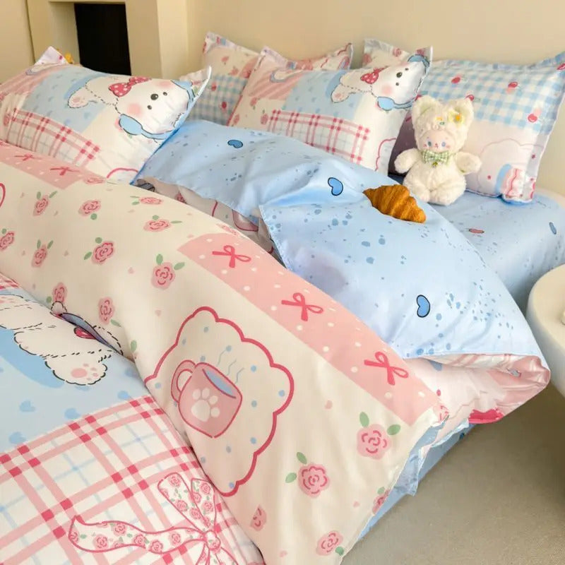 Cute Bear Duvet Cover Set with Zipper Pink Heart Bed Sheet Pillowcases No Filler Twin Queen Size Girls Boys Gift Bedding Set