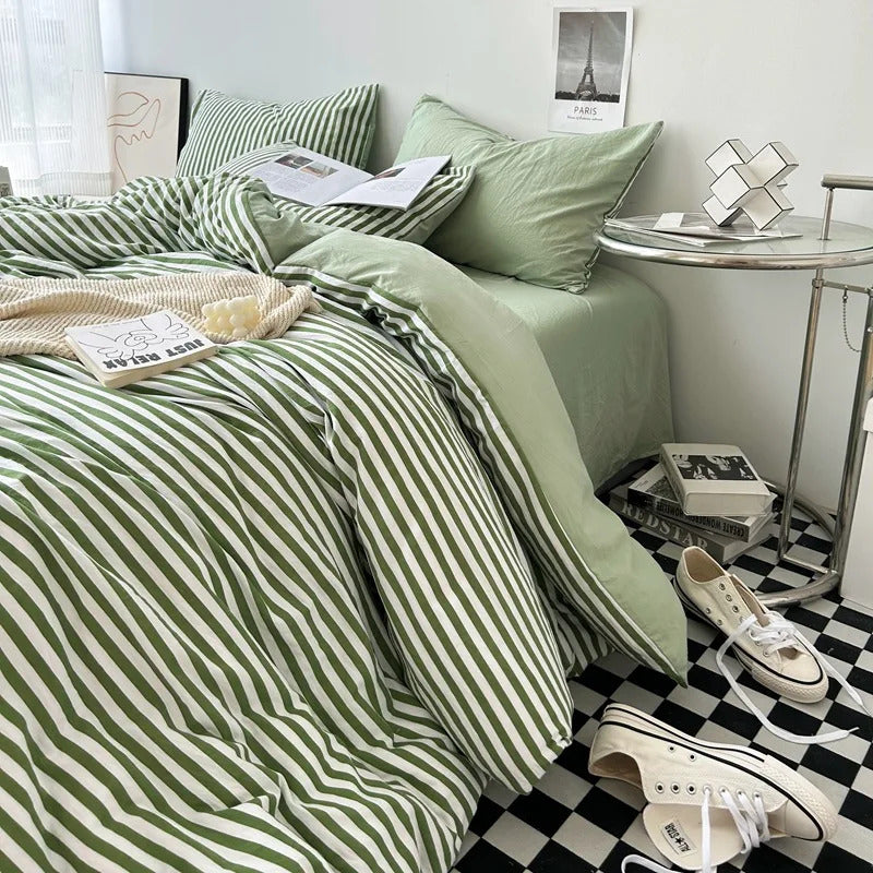 Green White Striped Bedding Set No Filler Ins Nordic Duvet Cover with Zipper Pillowcase Bed Sheet Double Queen Bed Linens