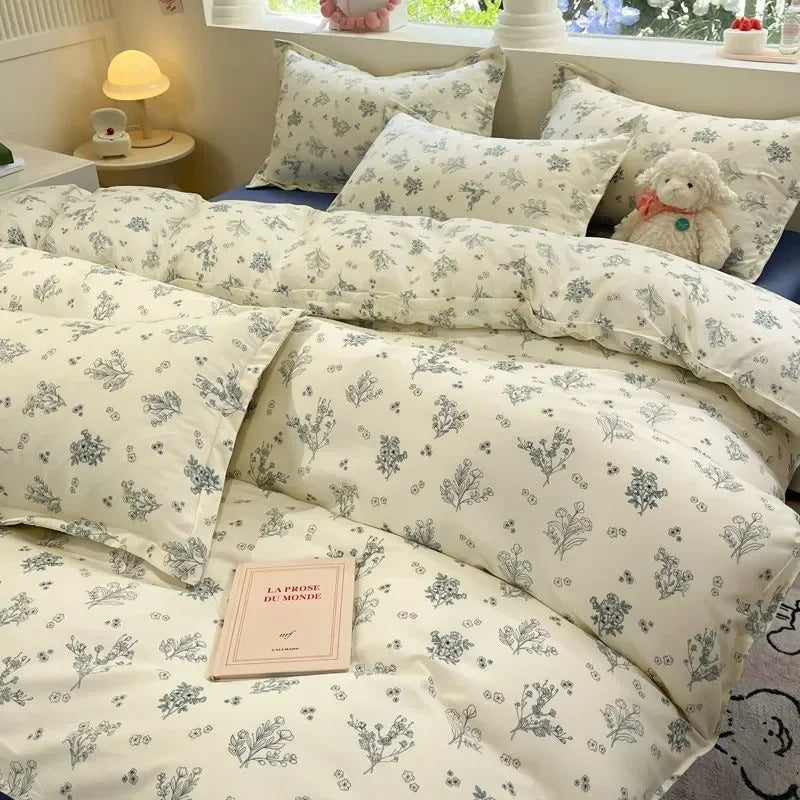Pink Flowers Duvet Cover Set Ins Single Queen Size Girls Boys Flat Sheet Pillowcase No Filler Home Decor Bedding Set
