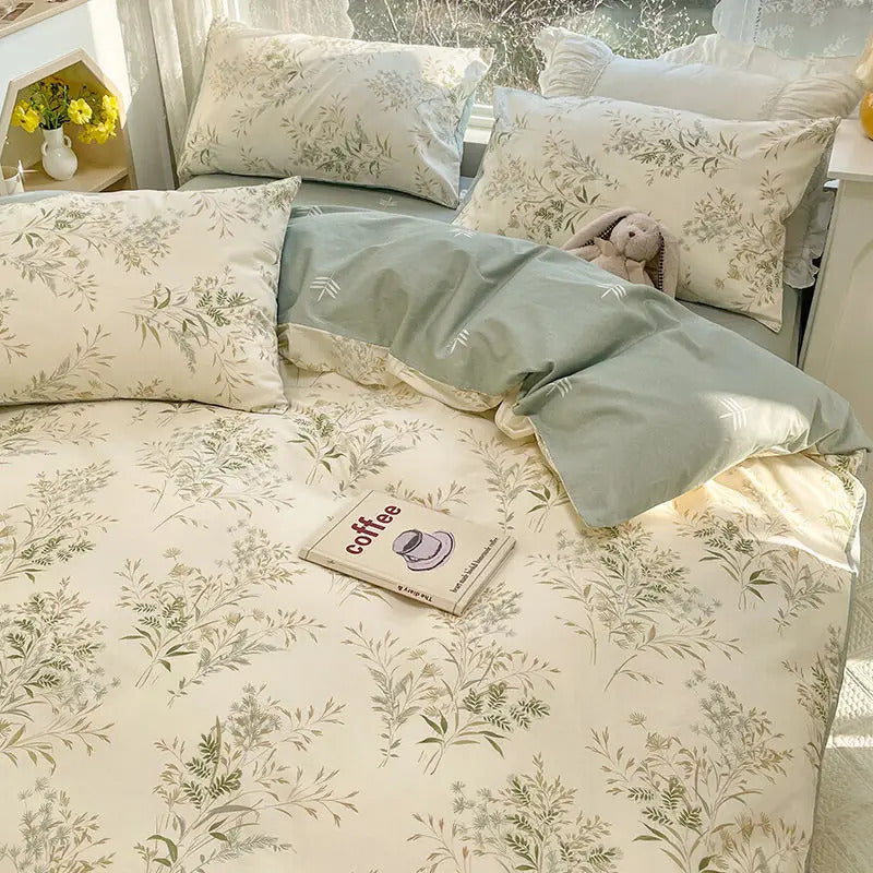 Green Floral Bedding Set Ins Twin Full Queen Size Duvet Cover No Filler Flat Sheet Pillowcase Girl Home Totel Bed Linens