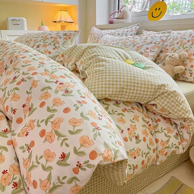Green Floral Bedding Set Ins Twin Full Queen Size Duvet Cover No Filler Flat Sheet Pillowcase Girl Home Totel Bed Linens