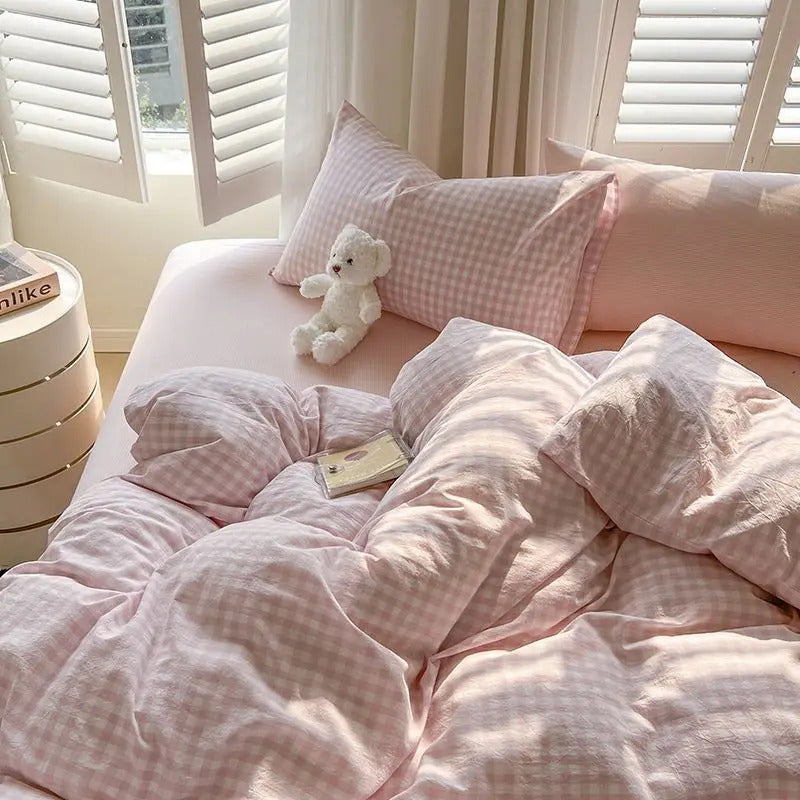 Green Nordic Bedding Set Ins Plaid Girls Boys Double Queen Size Duvet Cover Flat Sheet Pillowcase No Filler Bed Linens