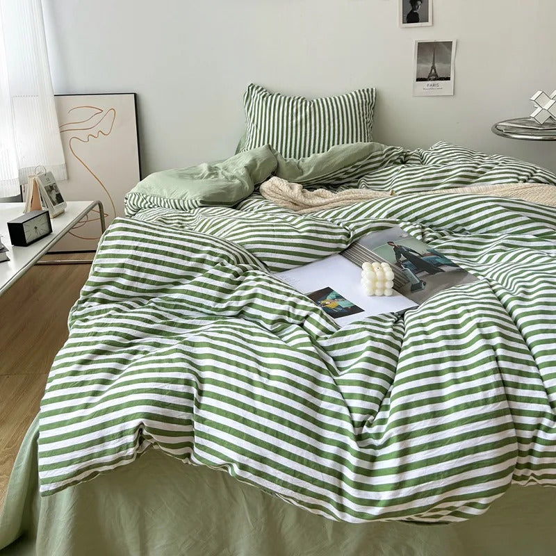 Green White Striped Bedding Set No Filler Ins Nordic Duvet Cover with Zipper Pillowcase Bed Sheet Double Queen Bed Linens