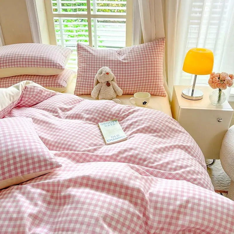 Green Nordic Bedding Set Ins Plaid Girls Boys Double Queen Size Duvet Cover Flat Sheet Pillowcase No Filler Bed Linens