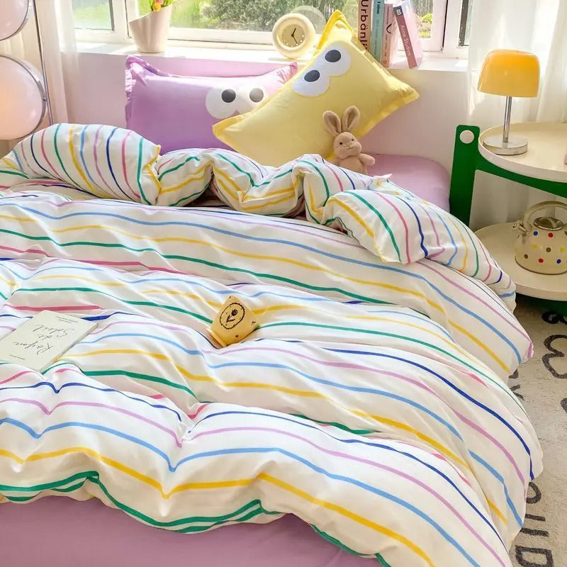 Green Nordic Bedding Set Ins Plaid Girls Boys Double Queen Size Duvet Cover Flat Sheet Pillowcase No Filler Bed Linens