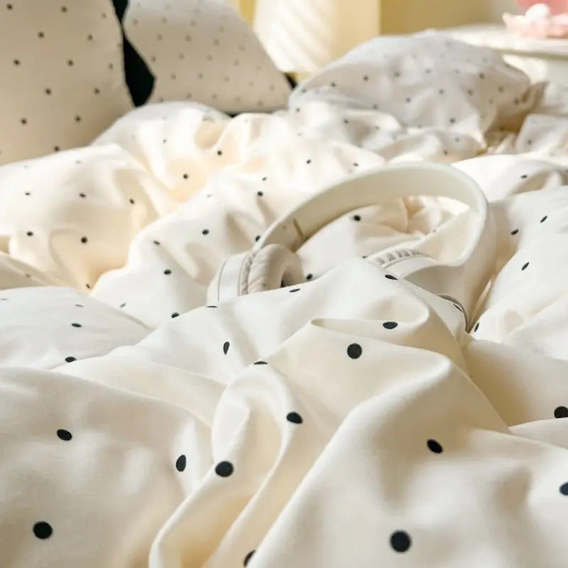 French-style Bedding Set Girl Ins Polka Dot Washed Cotton Student Dormitory Bed Sheet Duvet Quilt Cover Pillowcase Set
