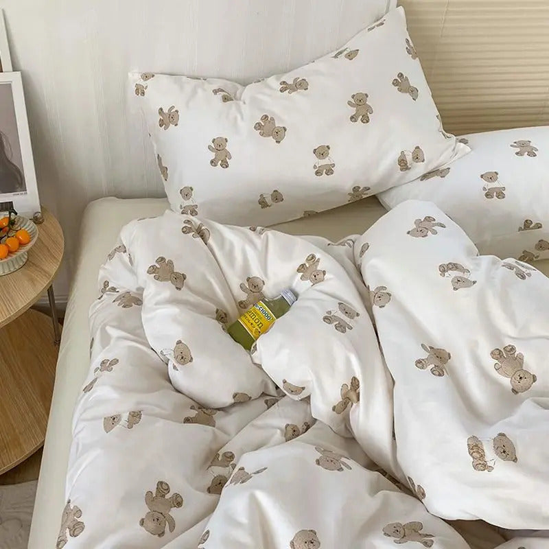 Cute Bear Duvet Cover Set with Zipper Pink Heart Bed Sheet Pillowcases No Filler Twin Queen Size Girls Boys Gift Bedding Set