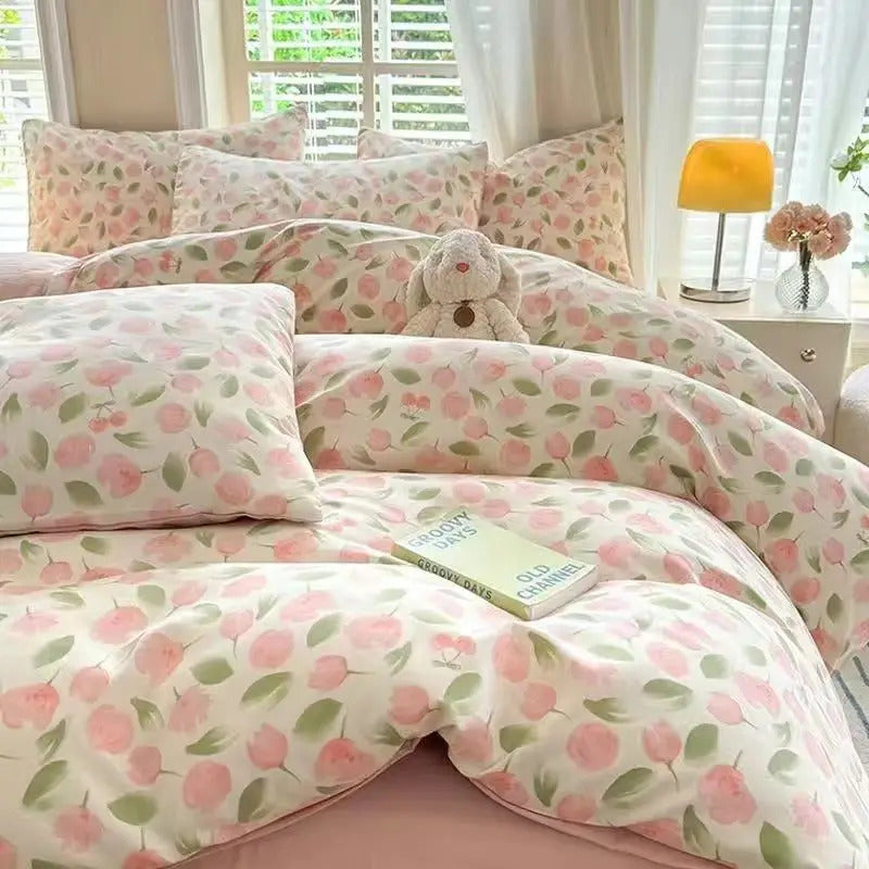 Pink Flowers Duvet Cover Set Ins Single Queen Size Girls Boys Flat Sheet Pillowcase No Filler Home Decor Bedding Set